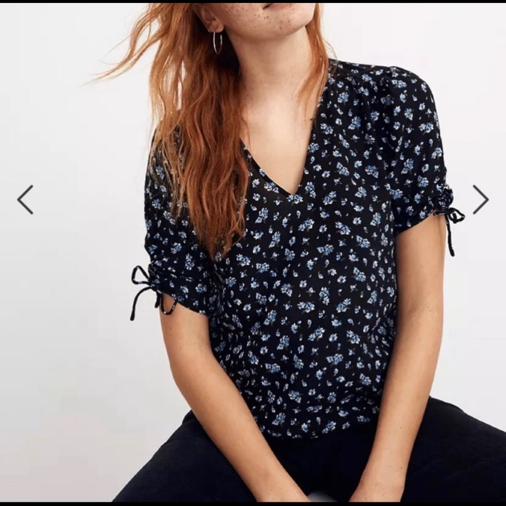 Madewell black short sleeve silk V neck blouse.